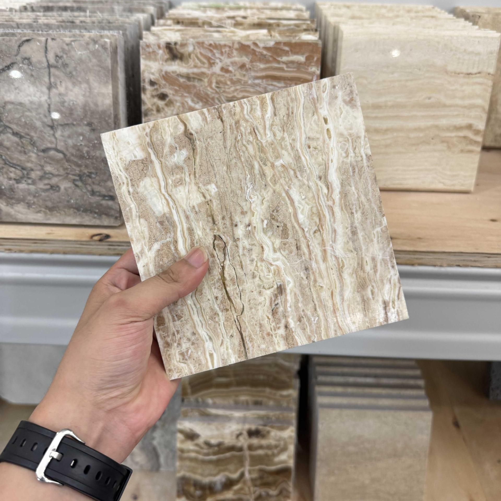 Silver-gray cave super-white travertine wood grain marble small sample, various natural stone travertine samples details Picture