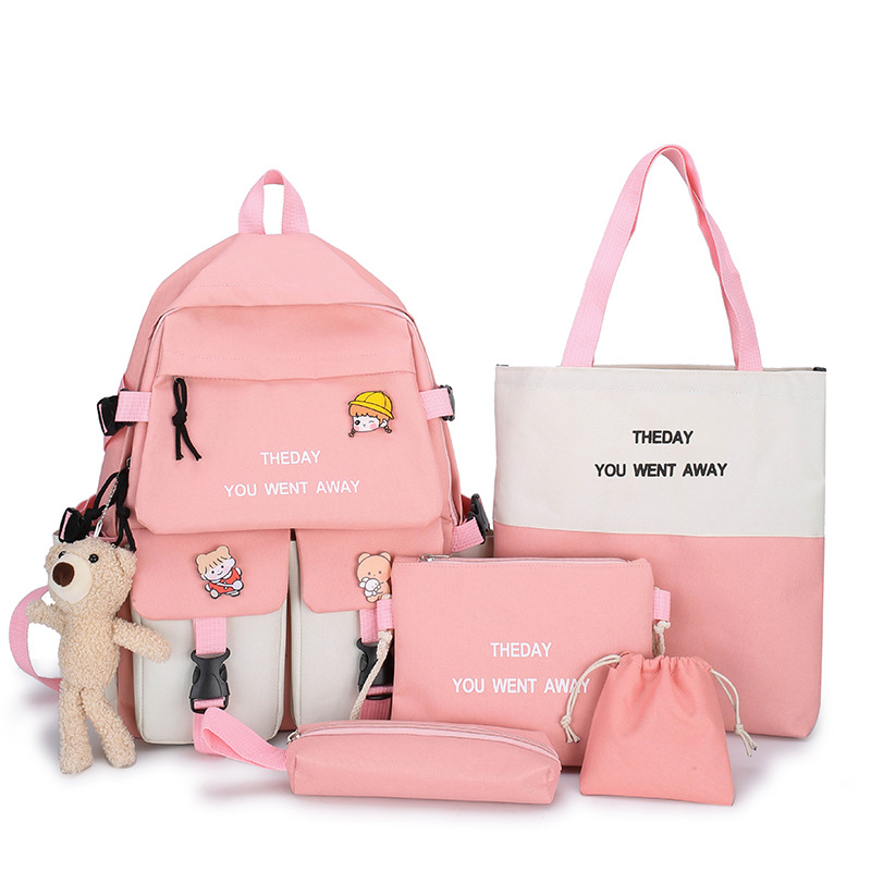 Trendy Korean-style five-piece student schoolbag set, color-blocked backpacks for middle and primary school students, fashionable campus student backpacks Item Picture