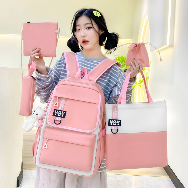 High appearance level backpack, versatile, high school ins simple campus backpack five-piece set, junior high school girl large capacity details Picture