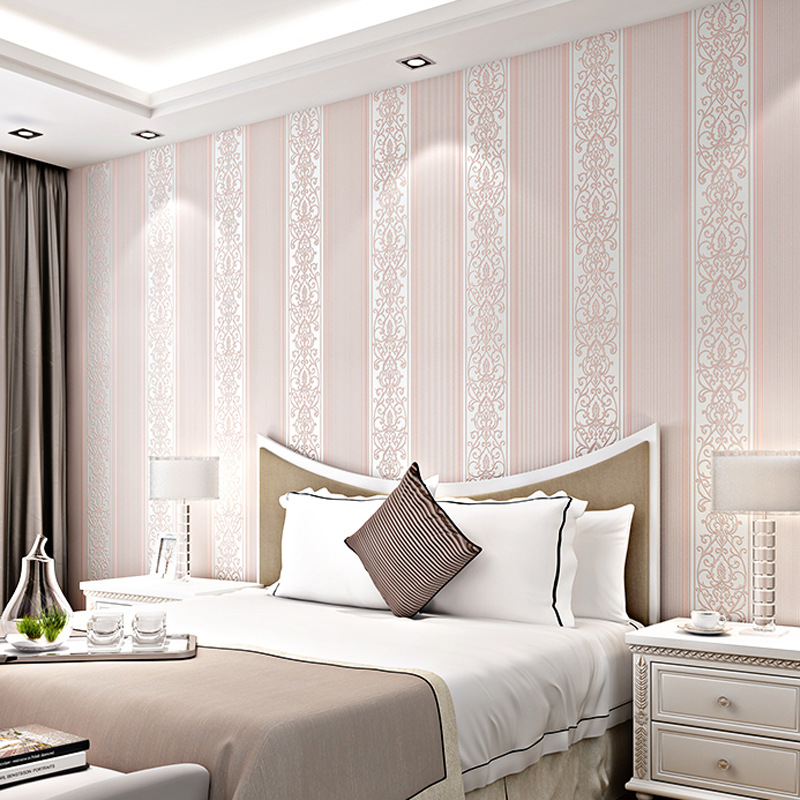 European-style non-woven fabric wallpaper for bedrooms and living rooms, 3D vertical stripes for home use, warm and cozy, simple TV background wall Application Scenario