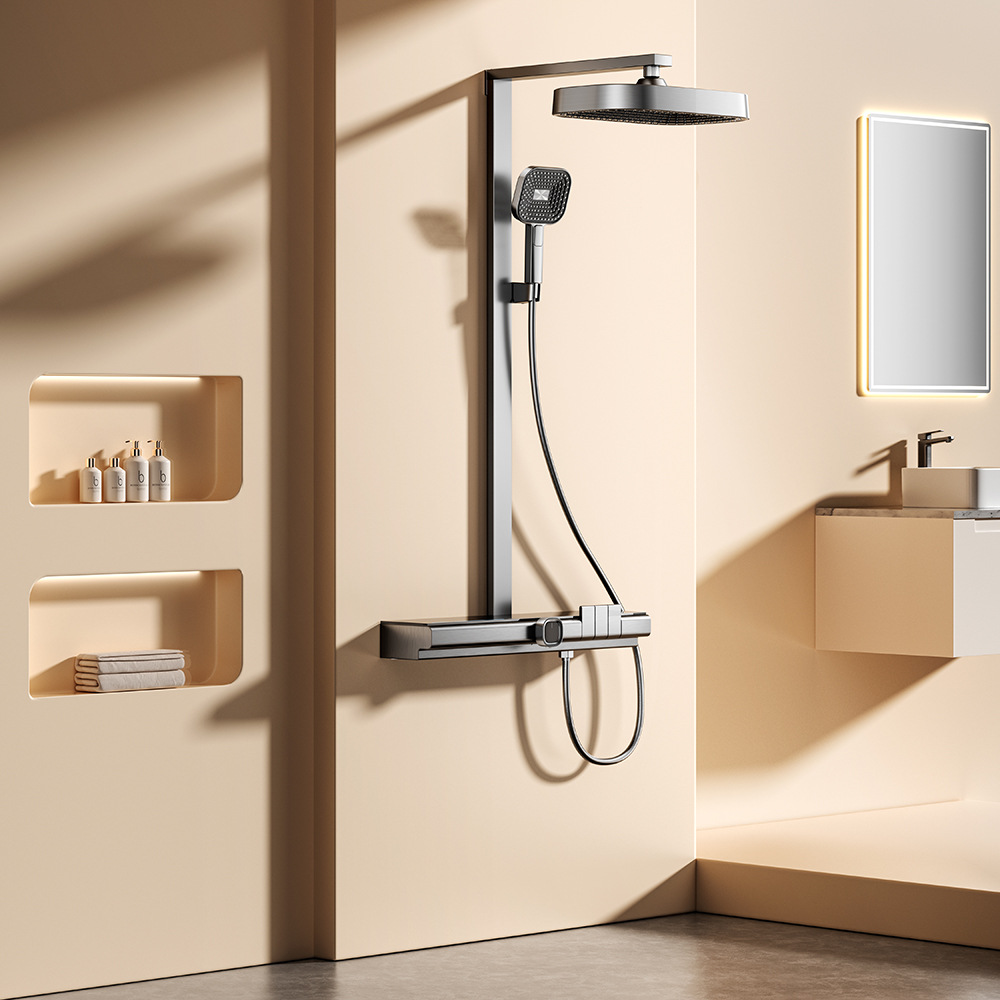 Shower head set, gun gray all-copper shower head, household constant-temperature pressure-increasing nozzle, bathroom for bathing and showering details Picture