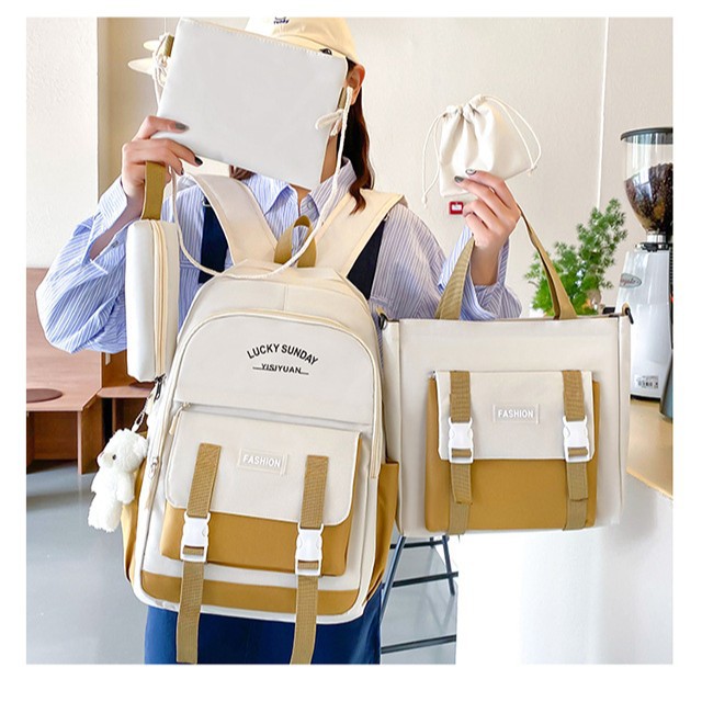 Korean version high school student schoolbag, large-capacity junior high school student trendy backpack, girls' ins school five-piece set, make-up class backpack details Picture