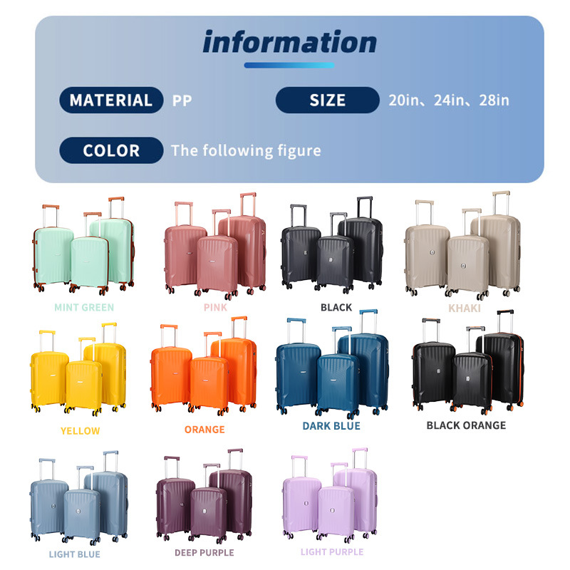 Factory-customized wholesale PP trolley cases, cross-border foreign trade PP hard shell suitcases, zipper style travel cases, three-piece sets Specification drawing