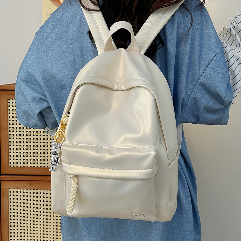 Bag Girl 2025 New solid color simple backpack, large-capacity PU lightweight travel backpack for junior and senior high school students details Picture
