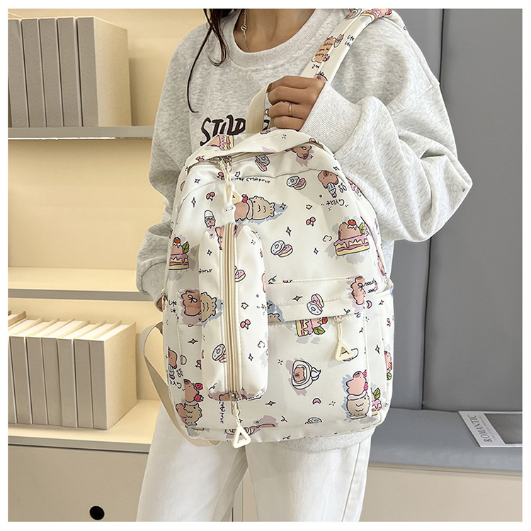 Wholesale of cute printed Capibara large-capacity schoolbags and ultra-light nylon backpacks for high school and junior high school girls details Picture