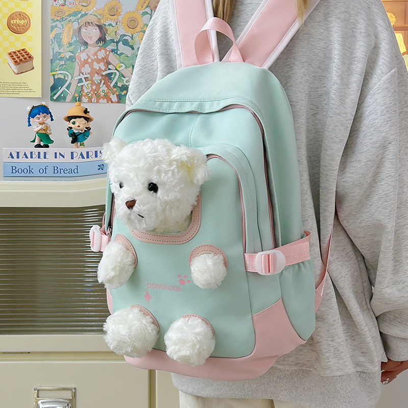 Cute cartoon casual schoolbag, plush toy doll, backpack for girls, junior high school and senior high school students, travel backpack details Picture