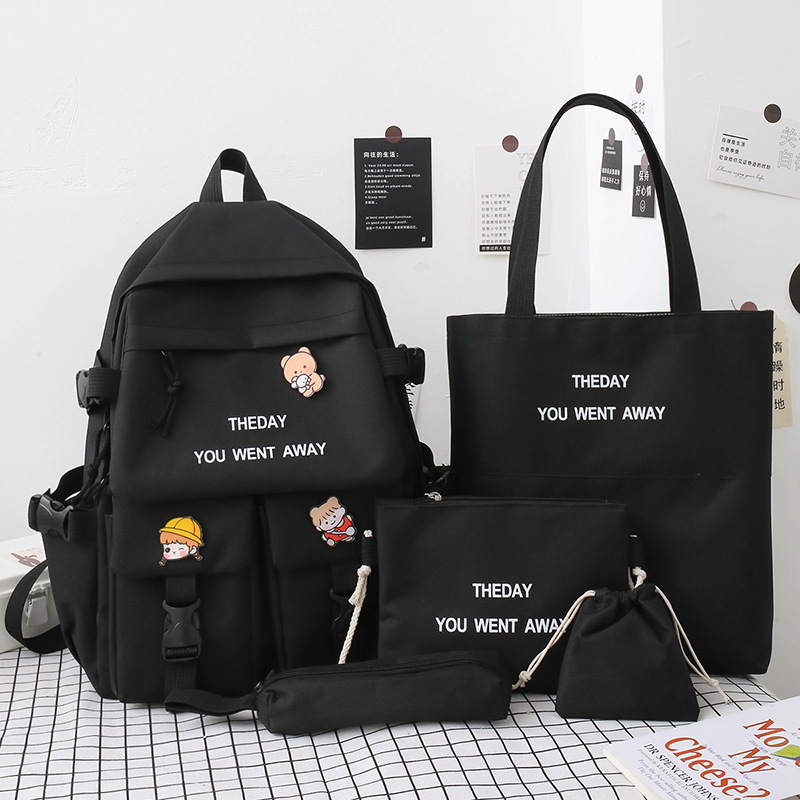 Trendy Korean-style five-piece student schoolbag set, color-blocked backpacks for middle and primary school students, fashionable campus student backpacks Application Scenario