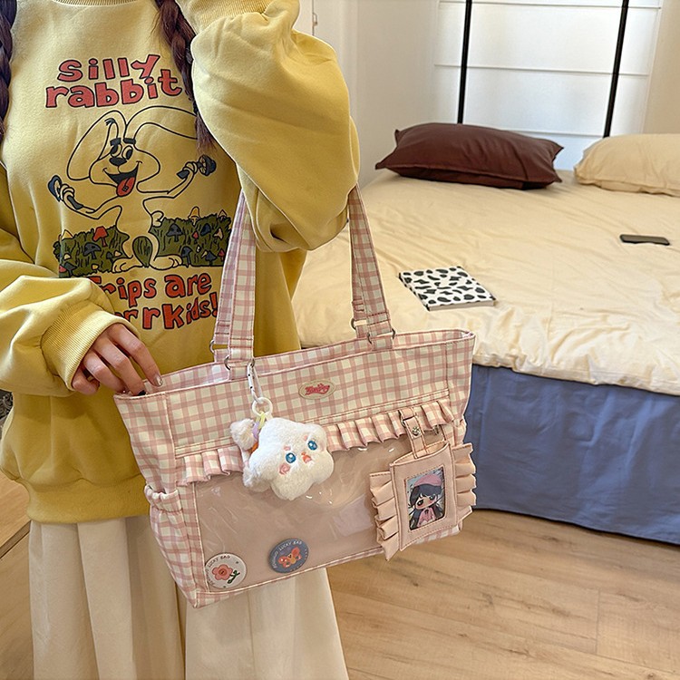 Japanese-style fresh and cute checkered bag with a small appetite, transparent pain-relieving bag, versatile, cute and sweet after-school bag, commuting and casual bag full figure