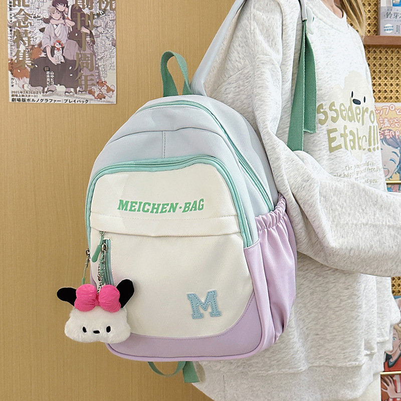 Fresh and ins-style dopamine color-blocking children's spring outing and study backpack, high appearance level, new summer sweet backpack details Picture