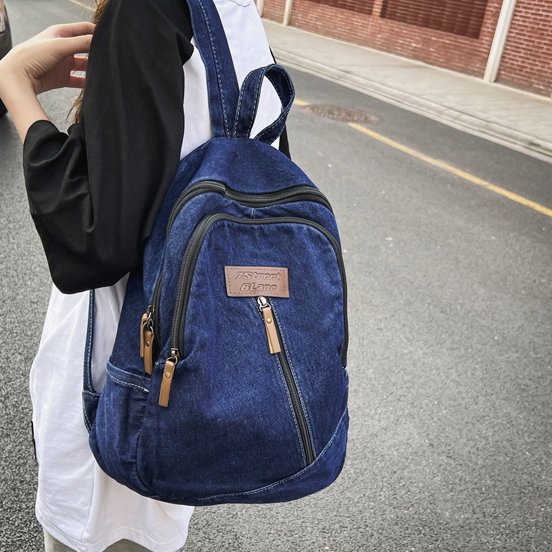 Schoolbag girls' ins style Japanese simple washable denim high school backpack laid-back style college students' trendy backpack details Picture