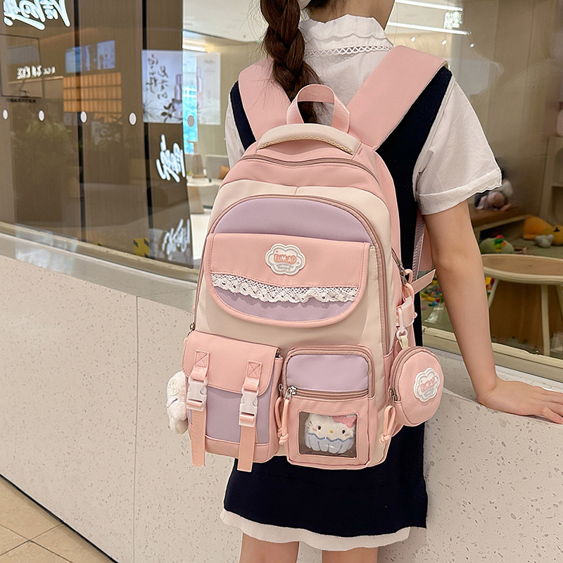 A new Japanese-style college style backpack with a high appearance level, fresh and sweet color contrast and splicing, and a large-capacity backpack for junior and senior high school students details Picture