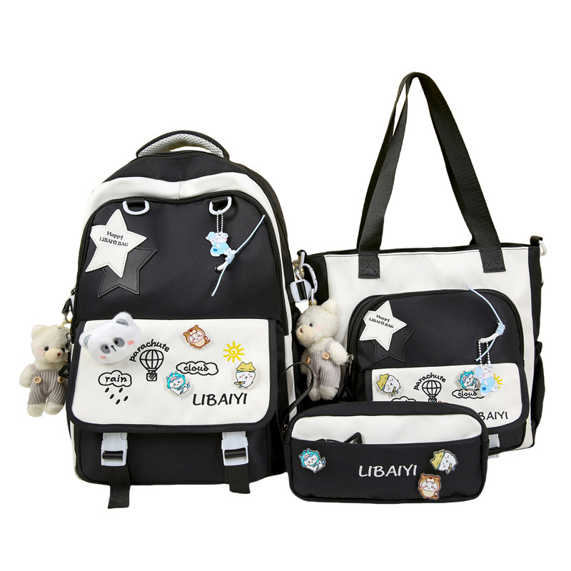 A new high-appearance-level Japanese-style fresh, sweet and cute large-capacity backpack for junior and senior high school students, a simple three-piece set with contrasting colors Item Picture