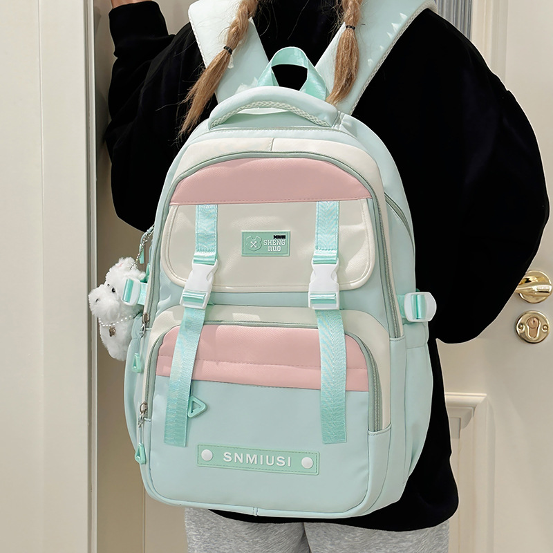 A new high-appeal, fresh, sweet and cute color-blocking backpack from Korean Instagram, a lightweight backpack for junior and senior high school students details Picture