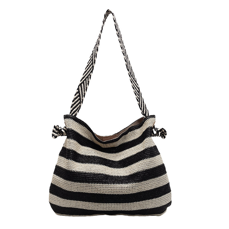 Fashionable large-capacity tote bag for women 2025 new style simple and casual single-shoulder bag striped woven handbag shopping bag Item Picture
