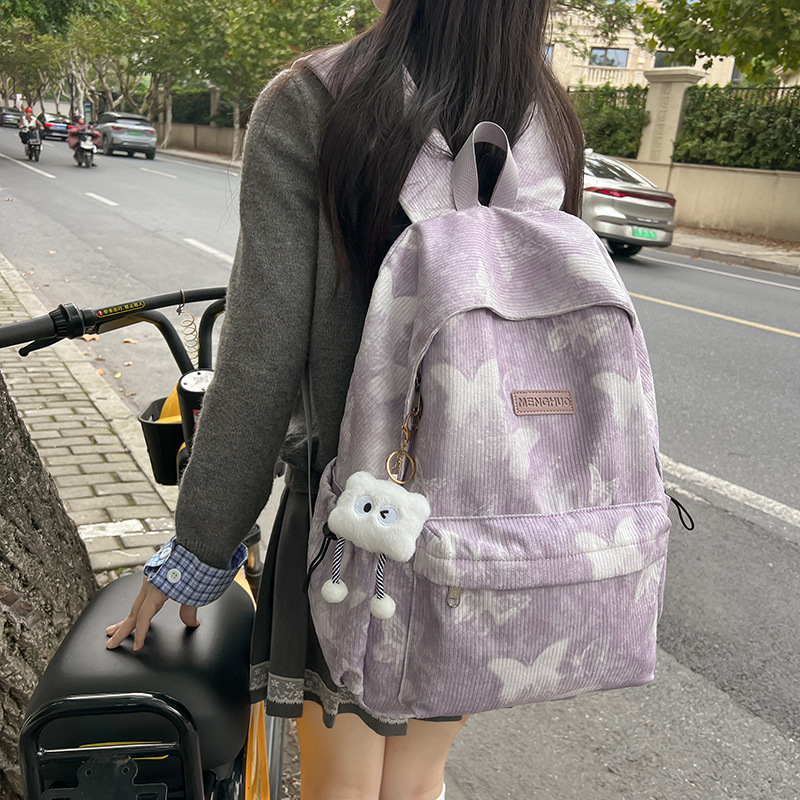New corduroy backpack for women, Korean style Instagram cute girl travel backpack, high appearance level tie-dyed student backpack details Picture