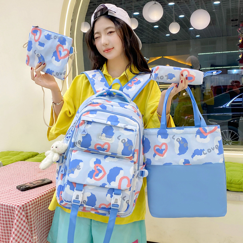 Dopamine Girl Love Backpack, large-capacity schoolbag for Junior and senior high school campuses, Cute and casual four-piece backpack for girls full figure