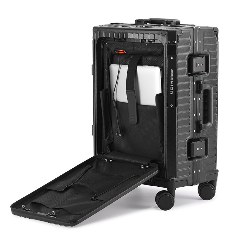 PC aluminum frame trolley case, multi-functional front-opening suitcase, swivel wheel suitcase, folding cup holder, 20-inch registration case Application Scenario