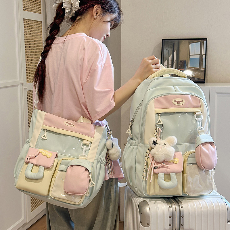 A new Japanese-style ins fresh and sweet color-blocking and pain-relieving bag for girls, a large-capacity backpack for middle and high school students details Picture