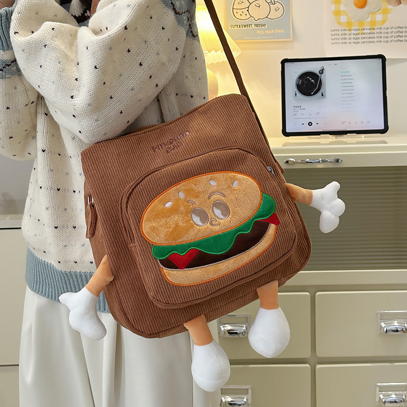 Cute hamburger crossbody bag for autumn and winter, Japanese Instagram cute corduroy cartoon single-shoulder bag, student commuting bag for class full figure