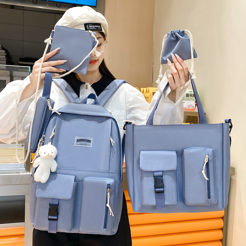 Five-piece schoolbag set for girls, Korean style, simple high school and junior high school campus backpack, outdoor high appearance level, dirt-resistant casual backpack Specification drawing