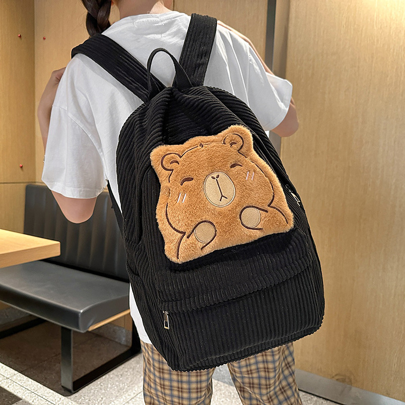 Japanese-style InS-style cute cartoon schoolbag, schoolgirl high school style corduroy backpack, casual college student backpack details Picture