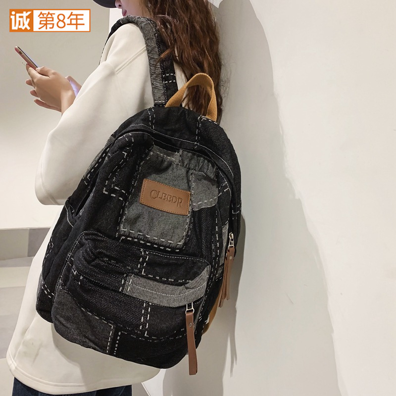 Korean-style laid-back denim backpack, school-style student backpack, washable retro patchwork denim backpack full figure