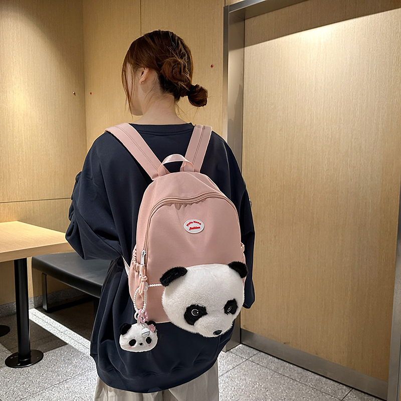 Cute and soft girl panda backpack, campus student schoolbag, large-capacity backpack, three-dimensional plush panda head schoolbag for girls details Picture