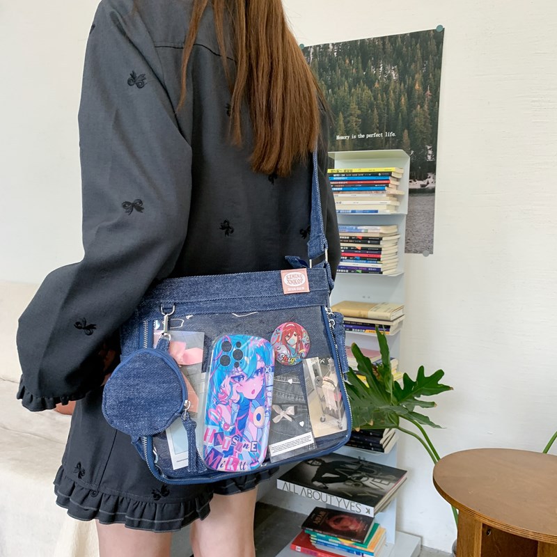 New Japanese-style niche pain bag, sweet and cool style, 2D denim, transparent single-shoulder bag for middle school students, retro postman bag details Picture