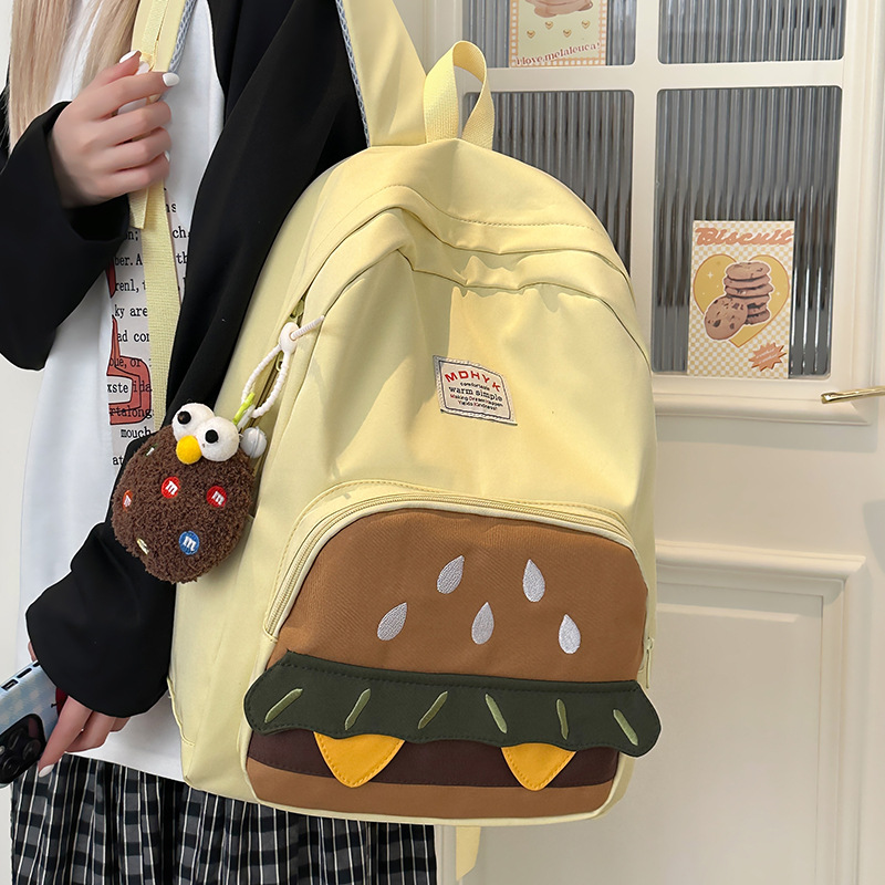 2025 New design sense niche backpack, cute hamburger, large capacity campus schoolbag, casual travel backpack details Picture