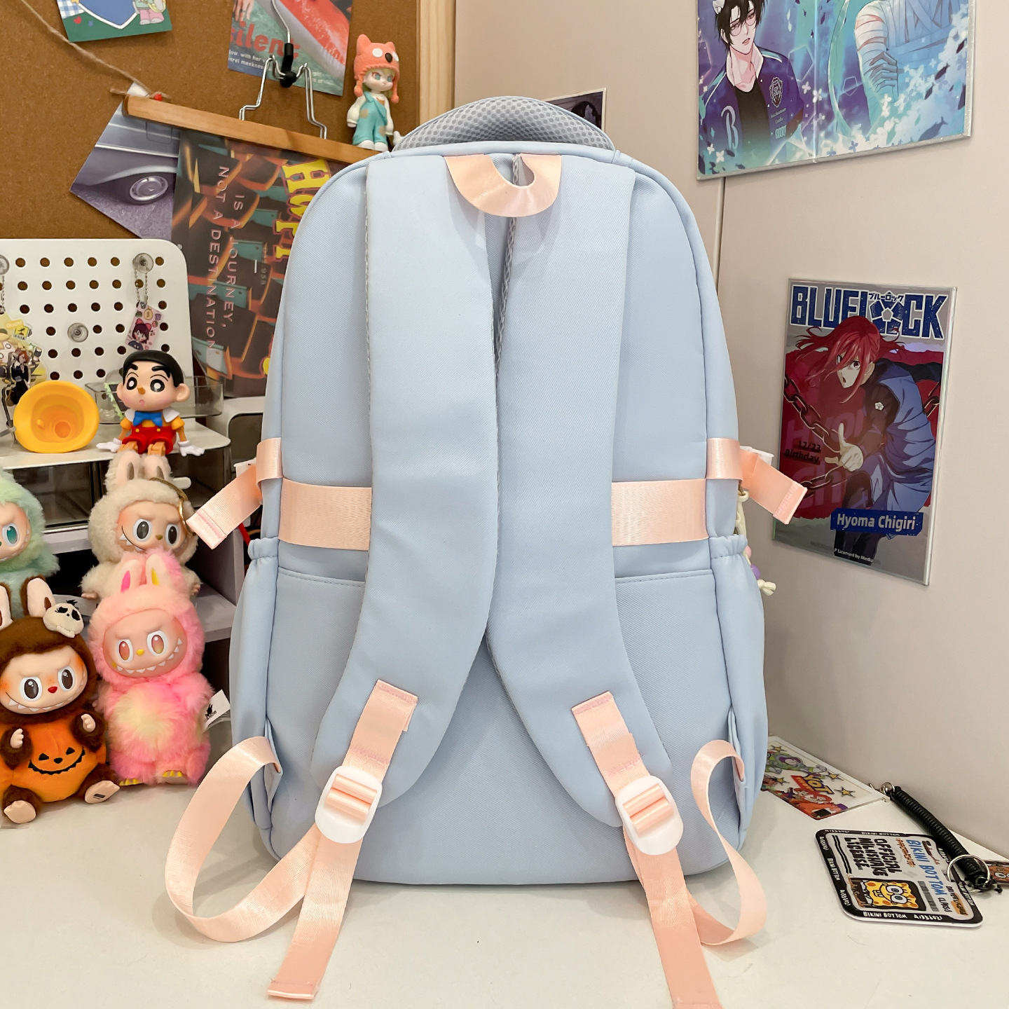 A new high-appearance-level school-style backpack with a fresh and sweet color contrast and patchwork style from Japanese Instagram, a backpack for junior and senior high school students Specification drawing