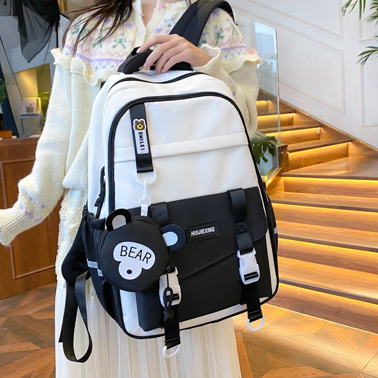 Cute color-blocking schoolbag for girls, Korean version of Instagram, high school and junior high school students, high appearance level, large-capacity backpack on both shoulders details Picture