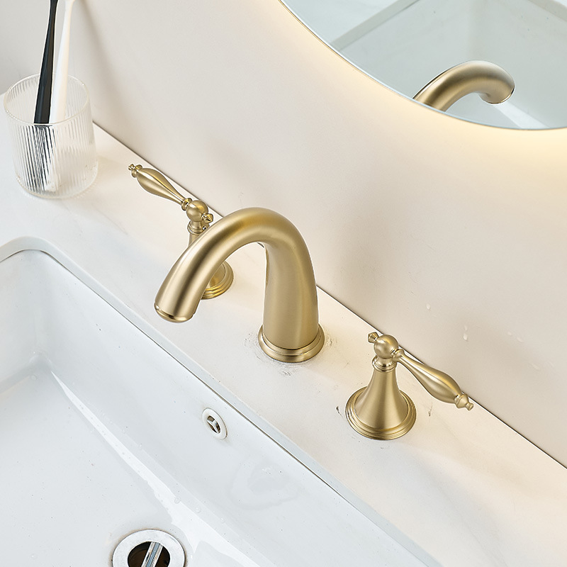 European-style three-hole washbasin faucet bathroom cabinet, split type, double handle, three-hole brushed gold three-piece set, washbasin faucet details Picture