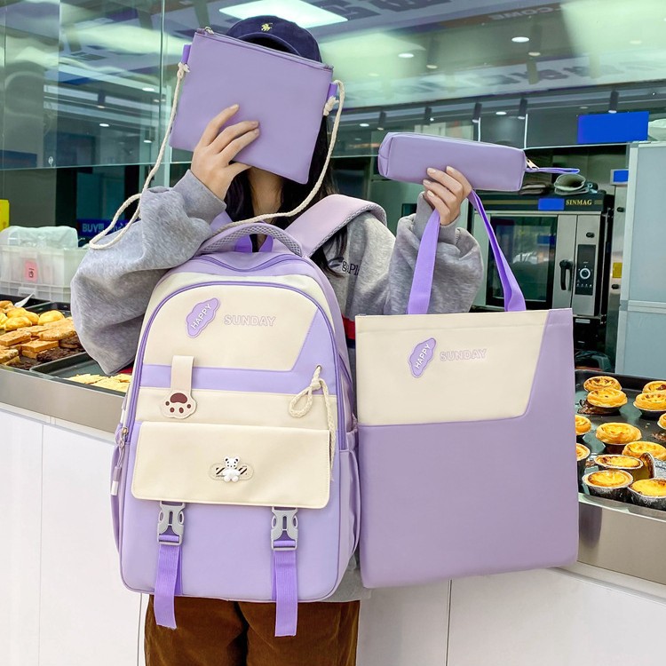 Junior high school backpack for girls, Korean version Harajuku large capacity four-piece set, middle school backpack with high appearance level, college student schoolbag Specification drawing