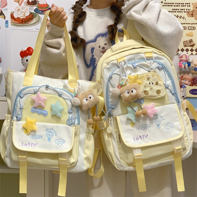 Cute girl crossbody bag with high appearance level, ins dopamine color contrast, two-piece set of backpacks for primary and secondary school students from grades 3 to 6 full figure