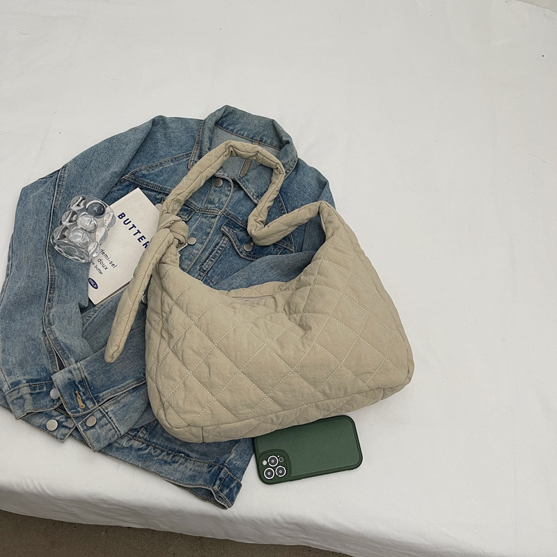 Winter cotton-padded jacket bag, women's large-capacity diamond-shaped tote bag, versatile single-shoulder crossbody bag, canvas commuting bag, school bag Specification drawing