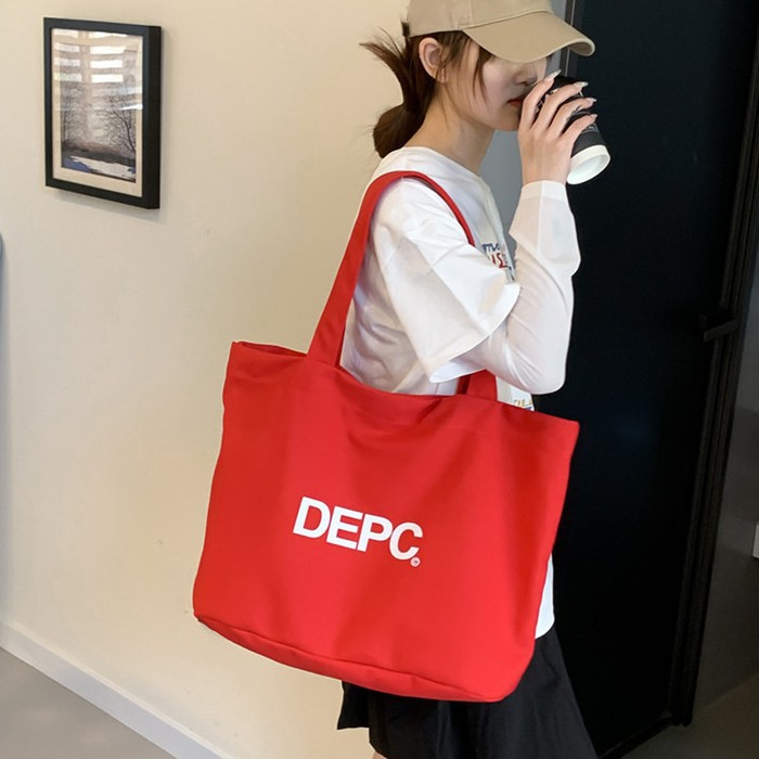 Red women's spring and summer letter-printed tote bag, Korean-style ins large-capacity laid-back shopping shoulder bag full figure