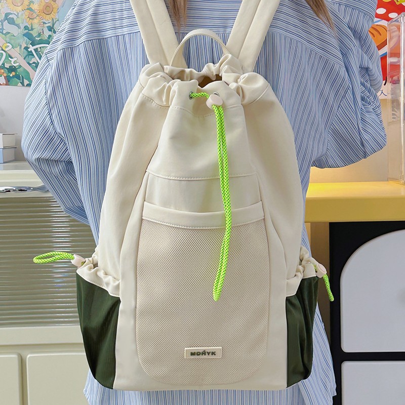 Korean-style color-blocking drawstring canvas drawstring bags, travel bags, outdoor cycling sports backpacks, schoolbags for female students, backpacks details Picture