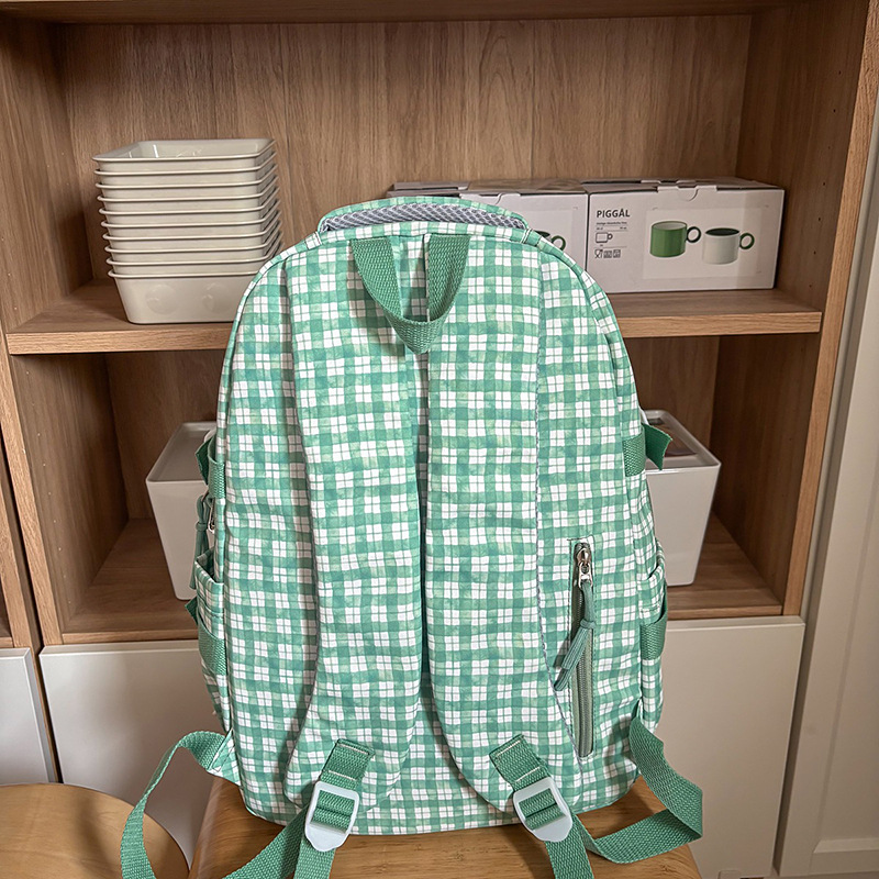 Japanese-style fresh and clean country checkered schoolbag, a niche color-blocking campus student large-capacity multi-compartment versatile backpack Specification drawing