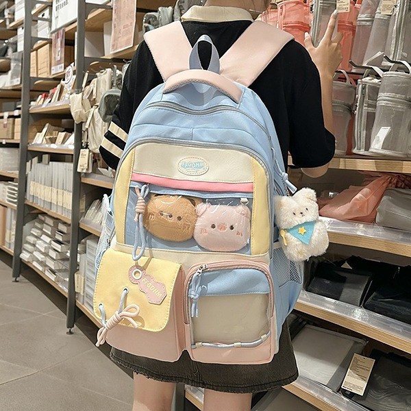 New high-appearance-level college style fresh and sweet backpack for junior and senior high school students, color-blocking and patchwork smug pain bag backpack full figure