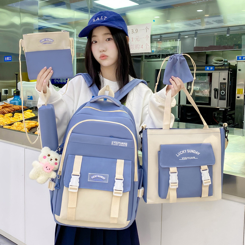 Five-piece cross-border supply schoolbag set, fashionable and versatile, for junior and senior high school girls, high appearance level, large-capacity backpack Specification drawing