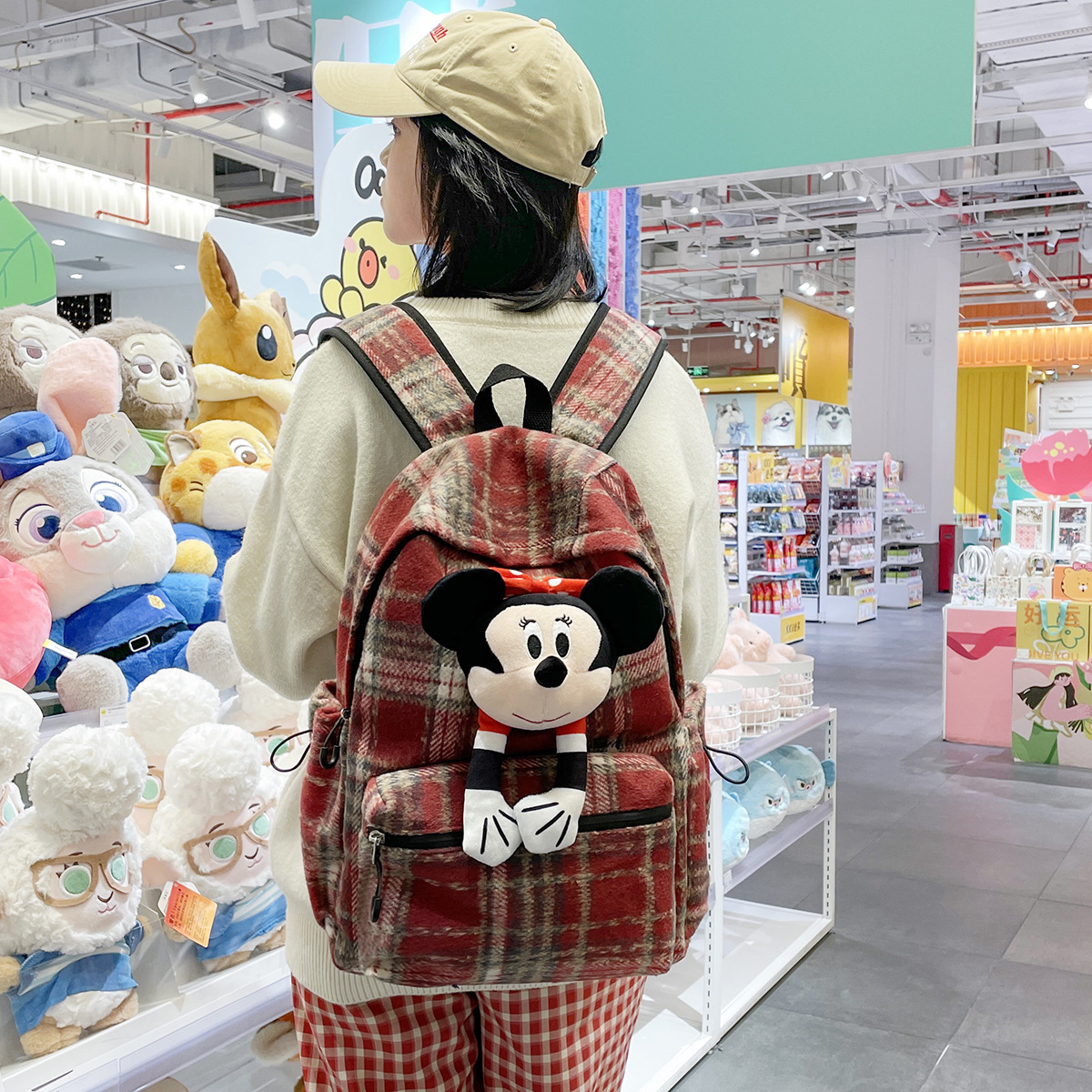 2025 Korean retro Japanese-style large-capacity college student schoolbag, checkered backpack, high appearance level, Mickey versatile backpack full figure