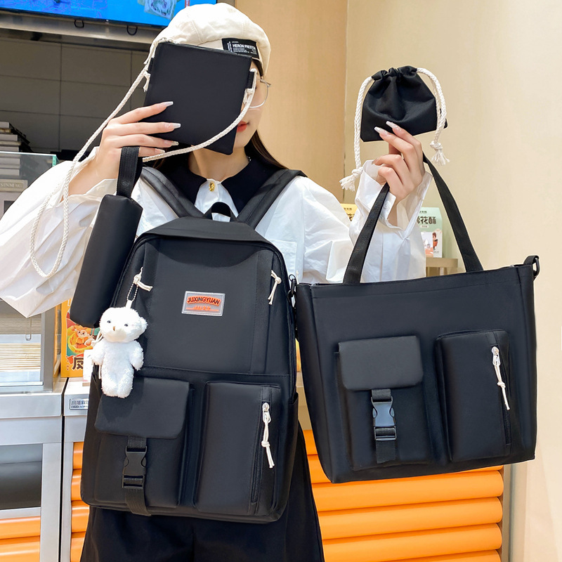 Five-piece schoolbag set for girls, Korean style, simple high school and junior high school campus backpack, outdoor high appearance level, dirt-resistant casual backpack Application Scenario