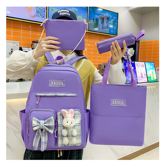 New Japanese-style simple girls' bag, casual student backpack, Harajuku style four-piece set, backpack, multi-functional handbag Specification drawing