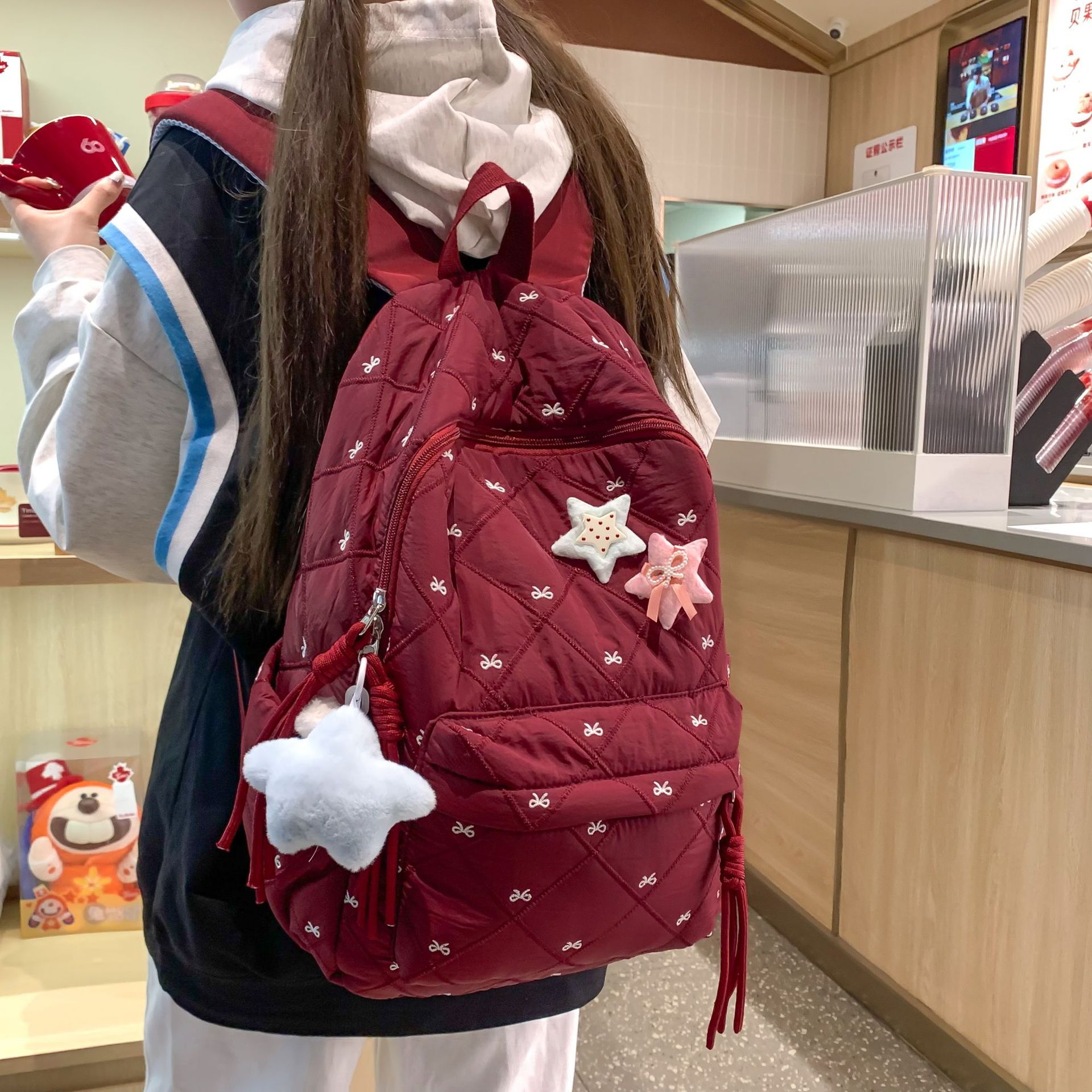 Schoolbag, Instagram, Japanese and Korean niche junior high school student, high appearance level, autumn and winter cotton-padded jacket, backpack, bow, cute embroidered backpack full figure