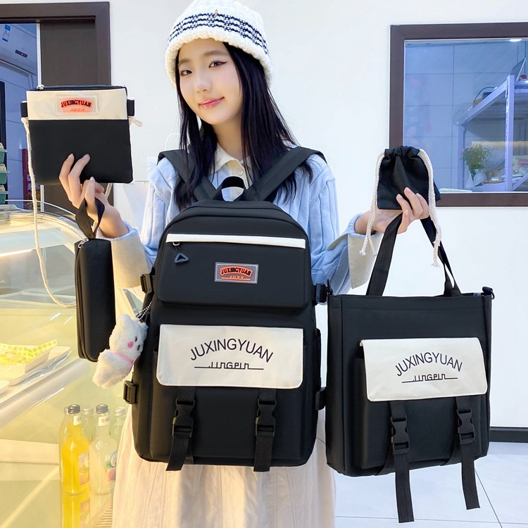 A large-capacity five-piece set of student schoolbag for girls, simple and versatile, trendy and casual backpack, a backpack that reduces burden and protects the spine for girls Application Scenario