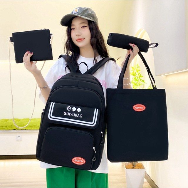 Fashionable and fresh schoolbags for primary school students, large-capacity backpacks for boys and girls in junior and senior high schools, four-piece sets, multi-functional class bags details Picture