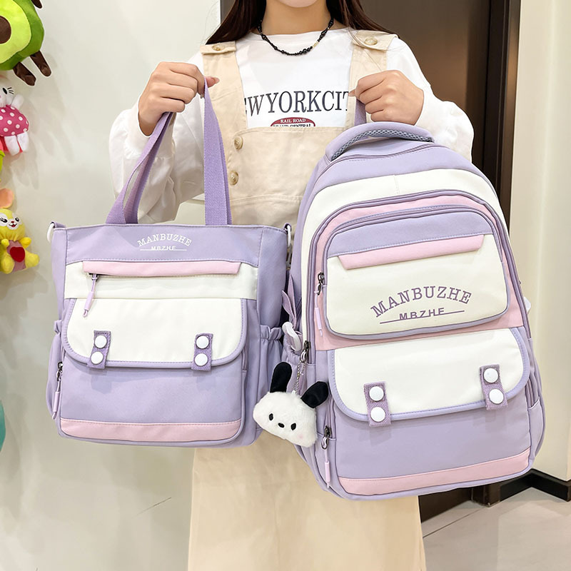 Wide-shoulder strap schoolbag for female junior high school students, large capacity, fresh and cute. Two-piece backpack set for primary school students from grades three to six details Picture