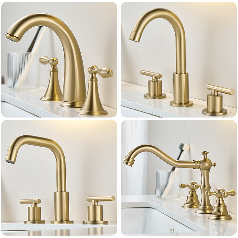 European-style three-hole washbasin faucet bathroom cabinet, split type, double handle, three-hole brushed gold three-piece set, washbasin faucet full figure