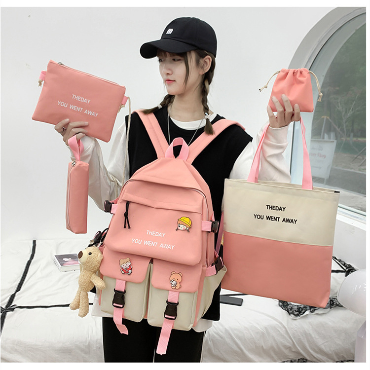 Trendy Korean-style five-piece student schoolbag set, color-blocked backpacks for middle and primary school students, fashionable campus student backpacks Specification drawing