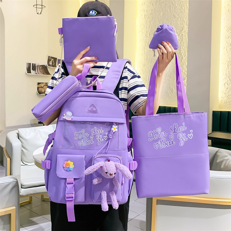 New cross-border five-piece set of student schoolbag, cute cartoon rabbit for girls, girlish backpack, casual tutorial backpack full figure